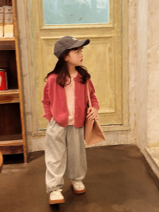 【100-160cm】バイカラークルーネックカーディガン