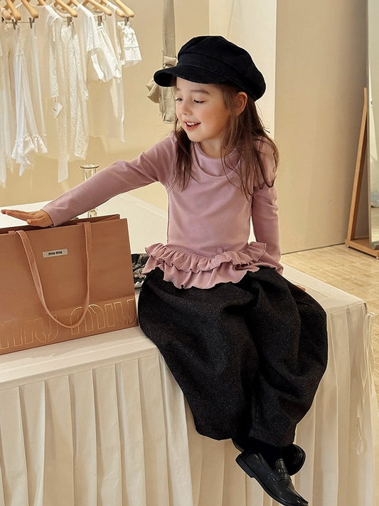 【100-160cm】レイヤード風フリルロングスリーブTシャツ