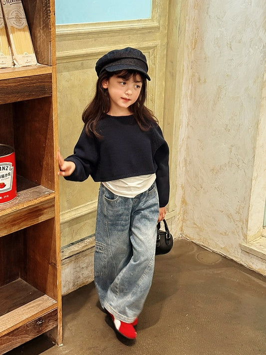 【100-160cm】ウォッシュドストレートデニム