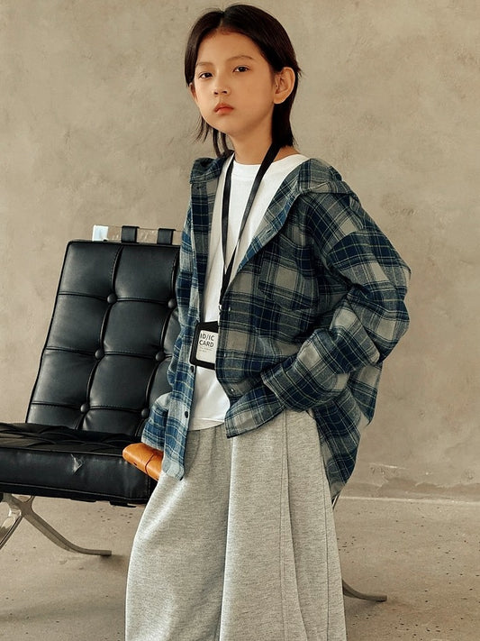 【110-160cm】フード付き ブルーチェック シャツ