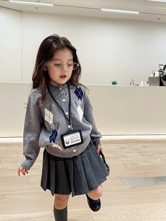 【100-160cm】襟付きアーガイル柄ニットカーディガン
