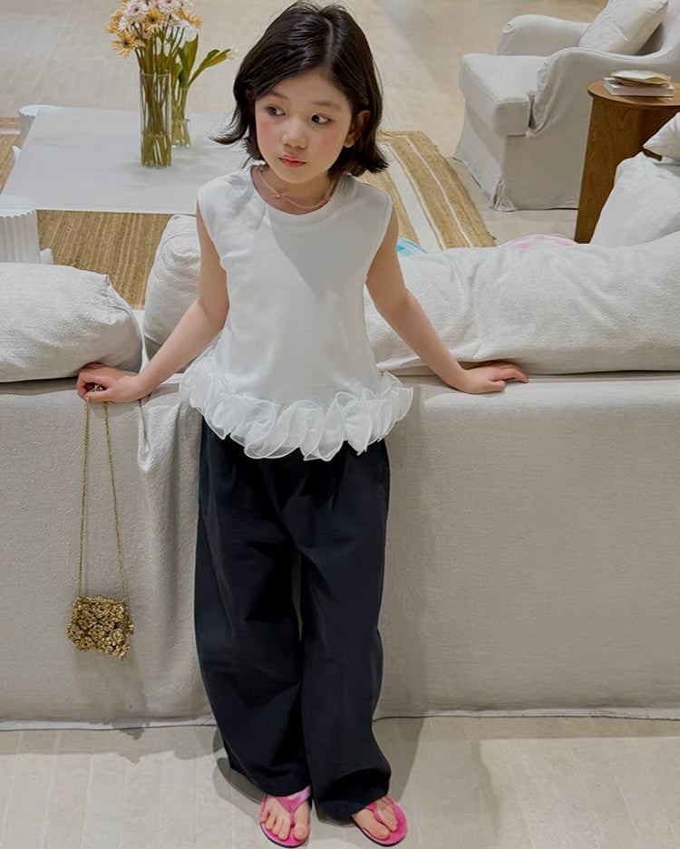 【110-160cm】チュールフリル ノースリーブトップス 全2色