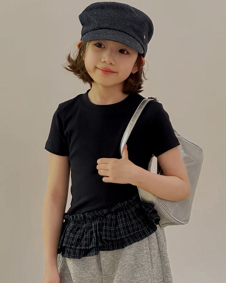 【110-160cm】フリル ドッキング リブ Tシャツ