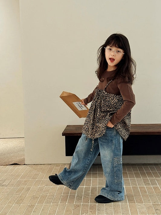 【100-160cm】レオパードロングスリーブTシャツ / キャミソール