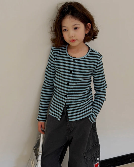 【110-160cm】親子お揃い リブボーダー 長袖カーディガン