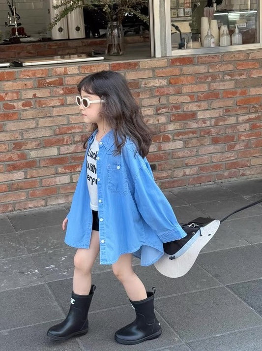 【90-160cm】UPF50+ ドロップ ショルダー ブルー デニム シャツ