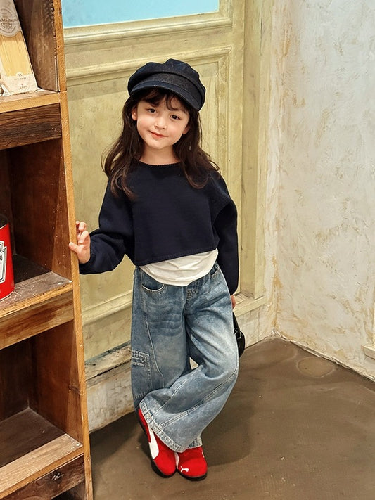 【100-160cm】クロップドニットトップス