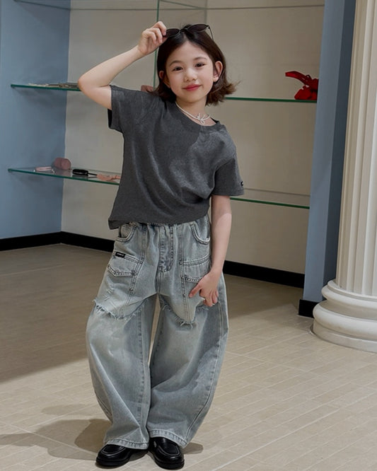 【110-160cm】ダメージ加工 ワイドデニムパンツ
