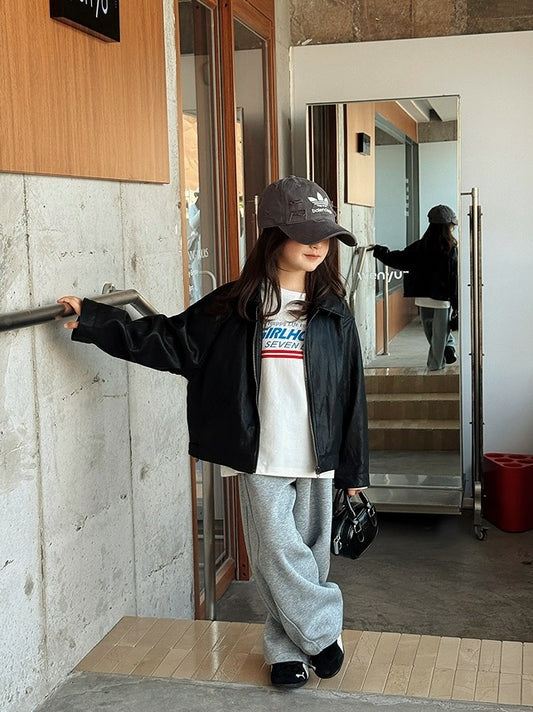 【100-160cm】フロントジップフェイクレザージャケット