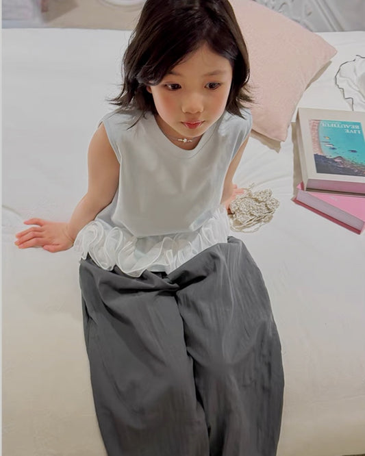 【110-160cm】チュールフリル ノースリーブトップス 全2色