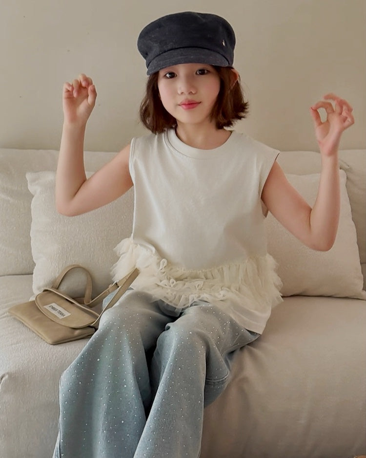 【110-160cm】チュールフリル ノースリーブトップス