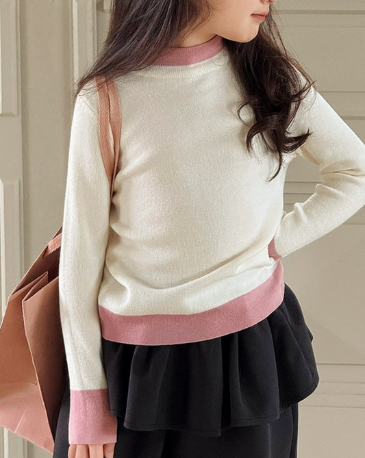 【100-160cm】ウール混モックネックバイカラーニット