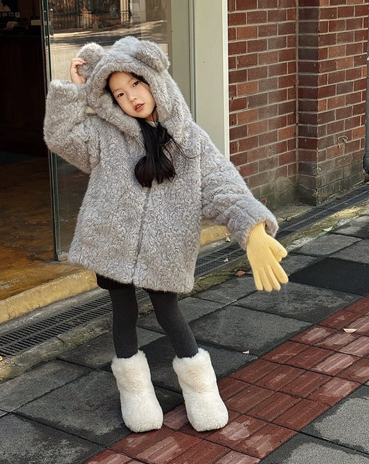 【100-160cm】中綿ベア耳フードボアブルゾン