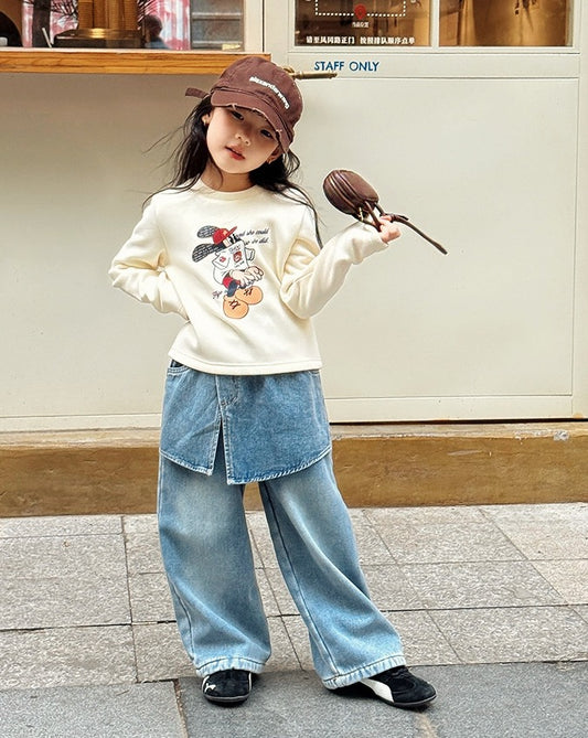 【100-160cm】裏起毛レイヤード風デニムワイドパンツ