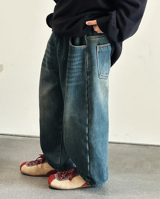 【110-160cm】裏起毛ワイドジーンズ