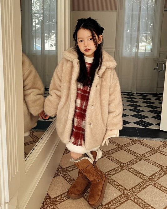 【110-160cm】親子お揃い 裏地キルティング襟付きフェイクファーコート
