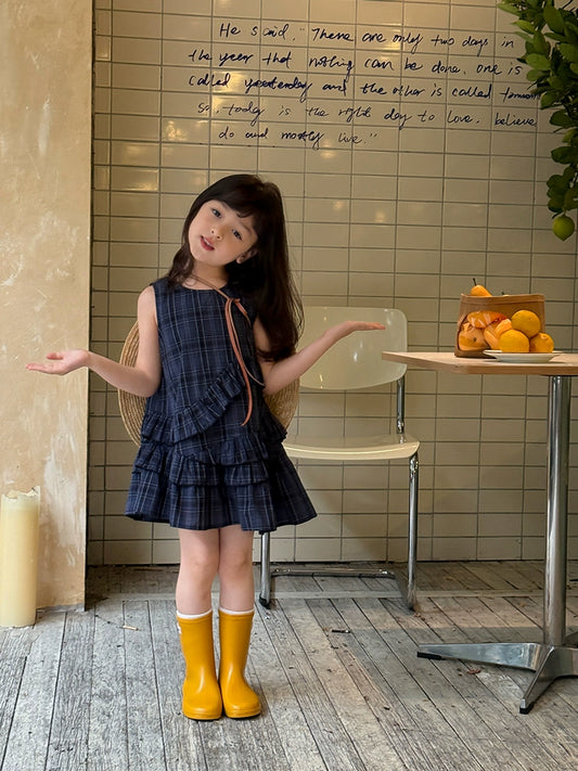 【100-160cm】アシメントリー フリル チェック ワンピース