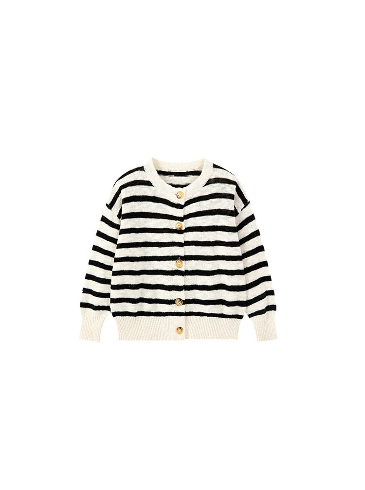 [90-160cm] Crew neck striped cardigan