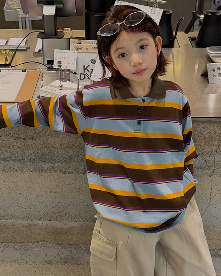 親子お揃い マルチボーダー ポロカラー長袖Tシャツ｜120-160cm