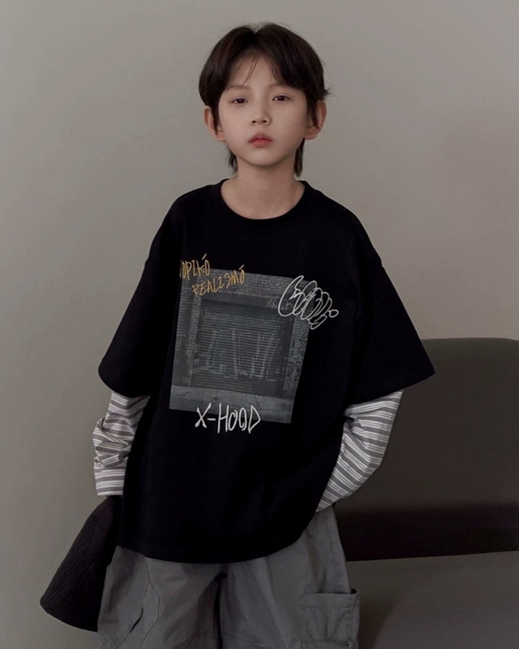 レイヤードスリーブ グラフィック Tシャツ ｜ 110-160cm