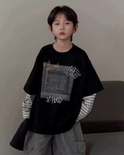 レイヤードスリーブ グラフィック Tシャツ ｜ 110-160cm