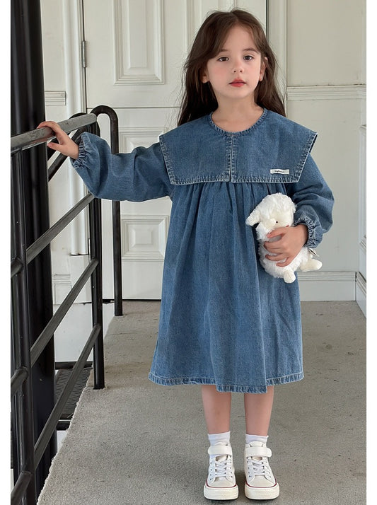 [90-160cm] Sailor collar denim dress