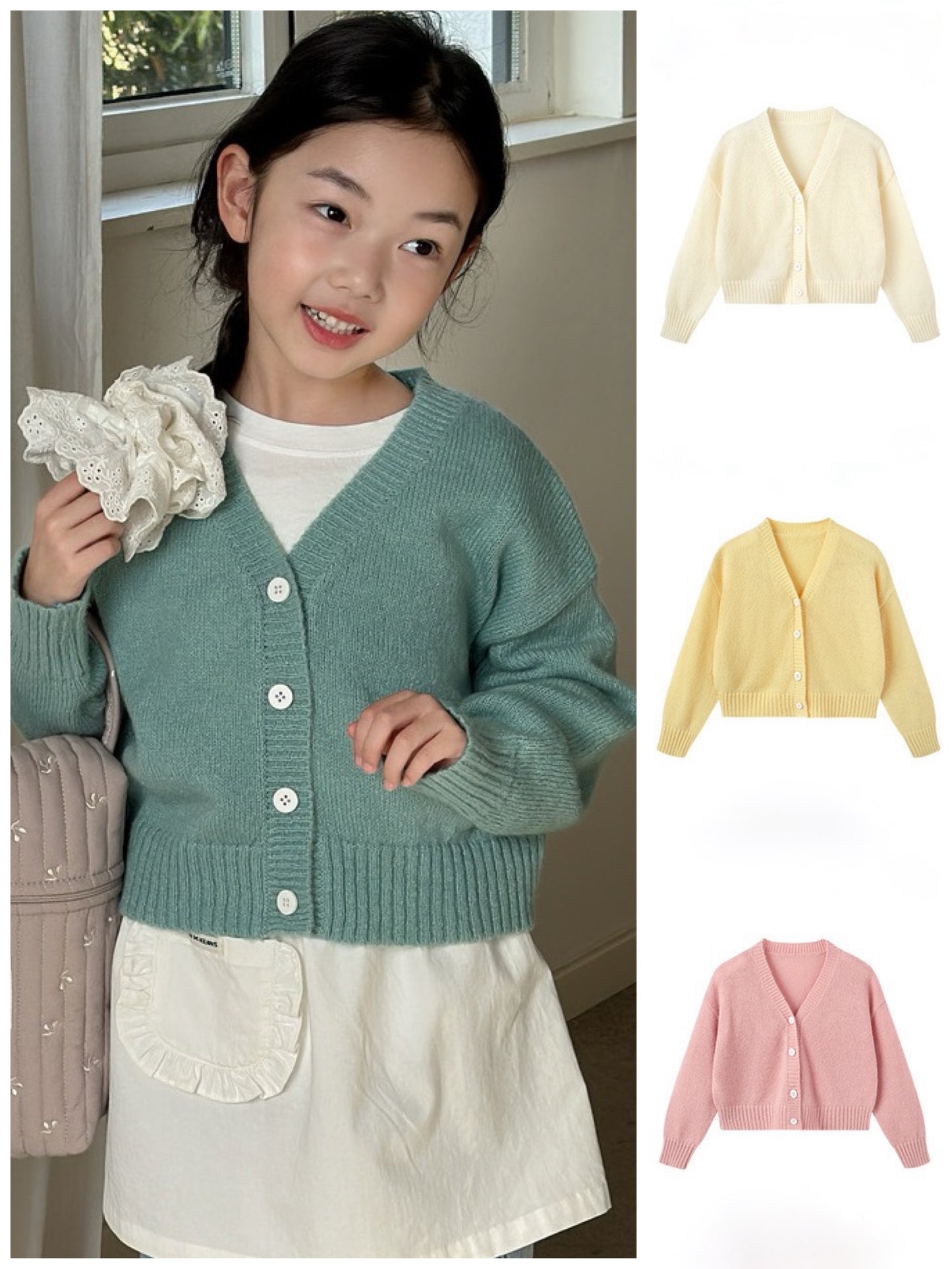 [90-160cm] V-neck cropped cardigan in 4 colors