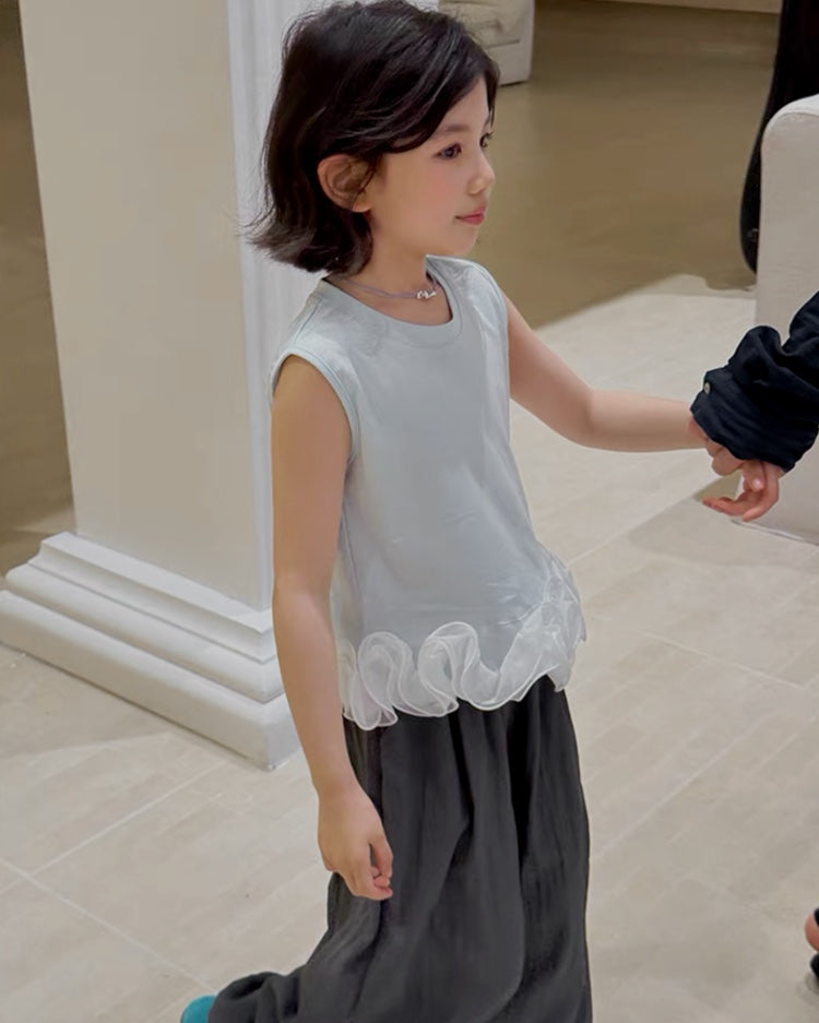 【110-160cm】チュールフリル ノースリーブトップス 全2色