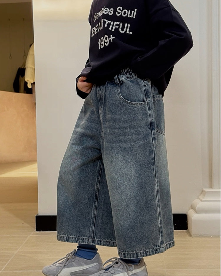 【110-160cm】キッズ ワイドクロップド デニムパンツ