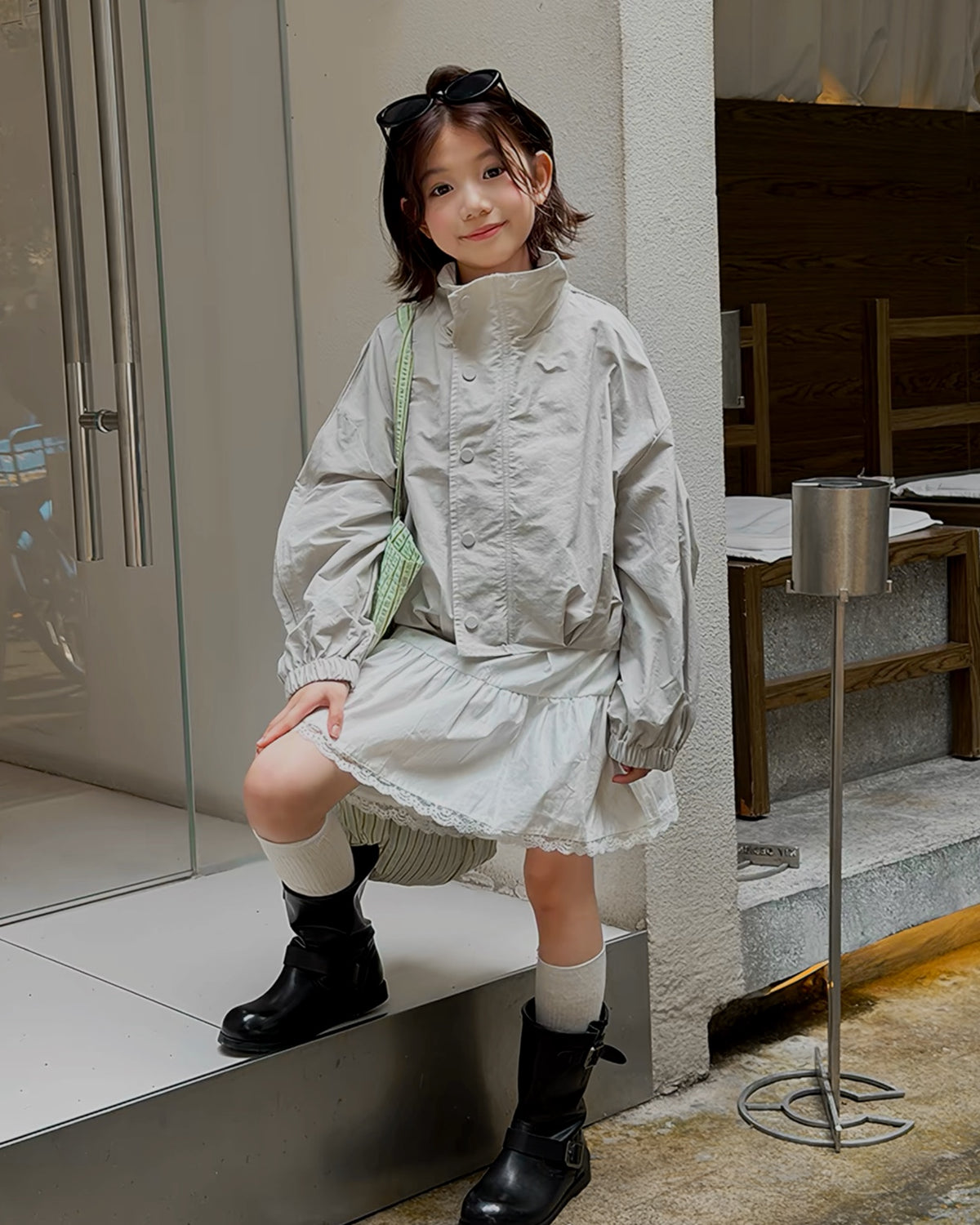 親子お揃い ニュアンスグレー スタンドカラージャケット｜120-160cm