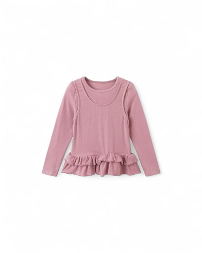 【100-160cm】レイヤード風フリルロングスリーブTシャツ