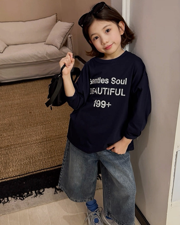 【110-160cm】キッズ ワイドクロップド デニムパンツ