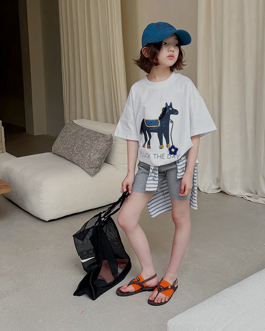 親子お揃い ホース プリント オーバーサイズ Tシャツ | 110-160cm