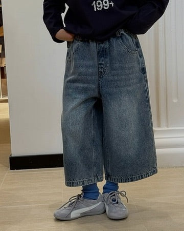 【110-160cm】キッズ ワイドクロップド デニムパンツ