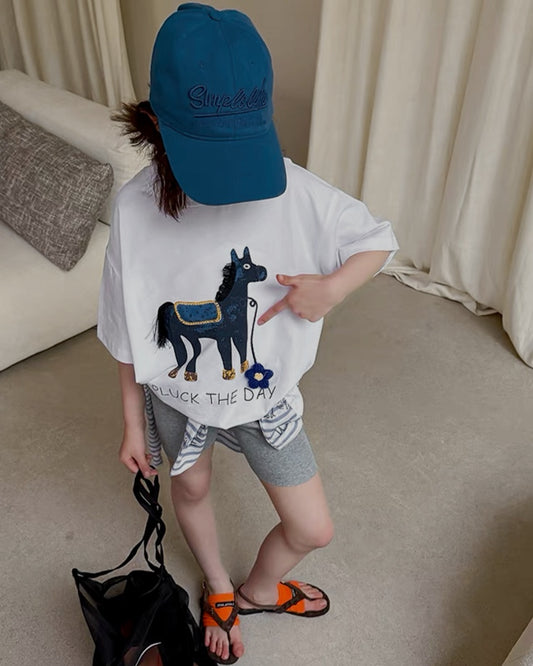 親子お揃い ホース プリント オーバーサイズ Tシャツ | 110-160cm