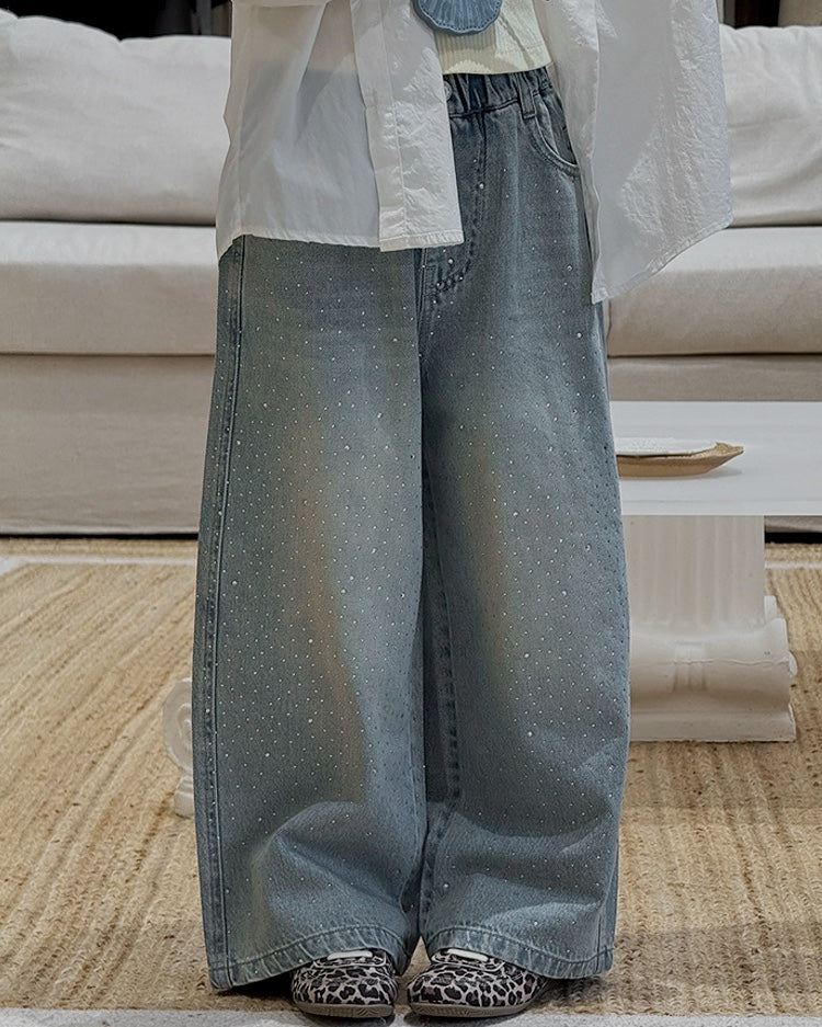 【110-160cm】親子お揃い ラインストーン ワイドデニムパンツ