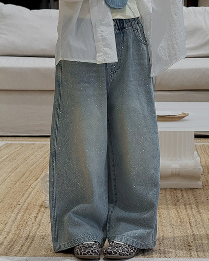 【110-160cm】親子お揃い ラインストーン ワイドデニムパンツ