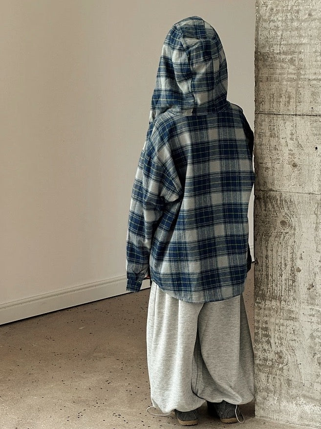 【110-160cm】フード付き ブルーチェック シャツ
