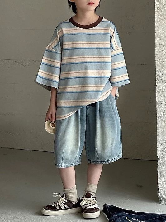 【110-160cm】ダブル タックデニム ハーフパンツ
