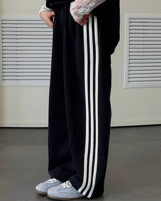 【110-160cm】親子お揃い サイドライン ワイド スウェットパンツ