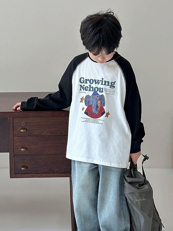 【100-160cm】Elephant ラグランロングスリーブ Tシャツ