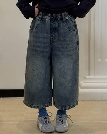 【110-160cm】キッズ ワイドクロップド デニムパンツ