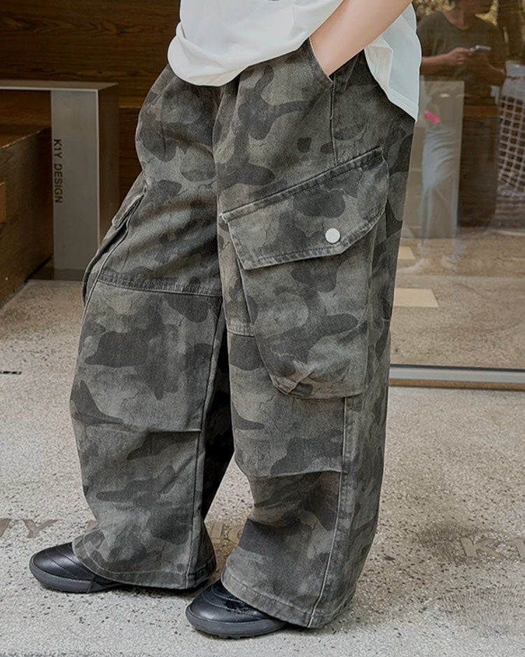 親子お揃い カモフラージュ ワイドカーゴパンツ｜120-160cm