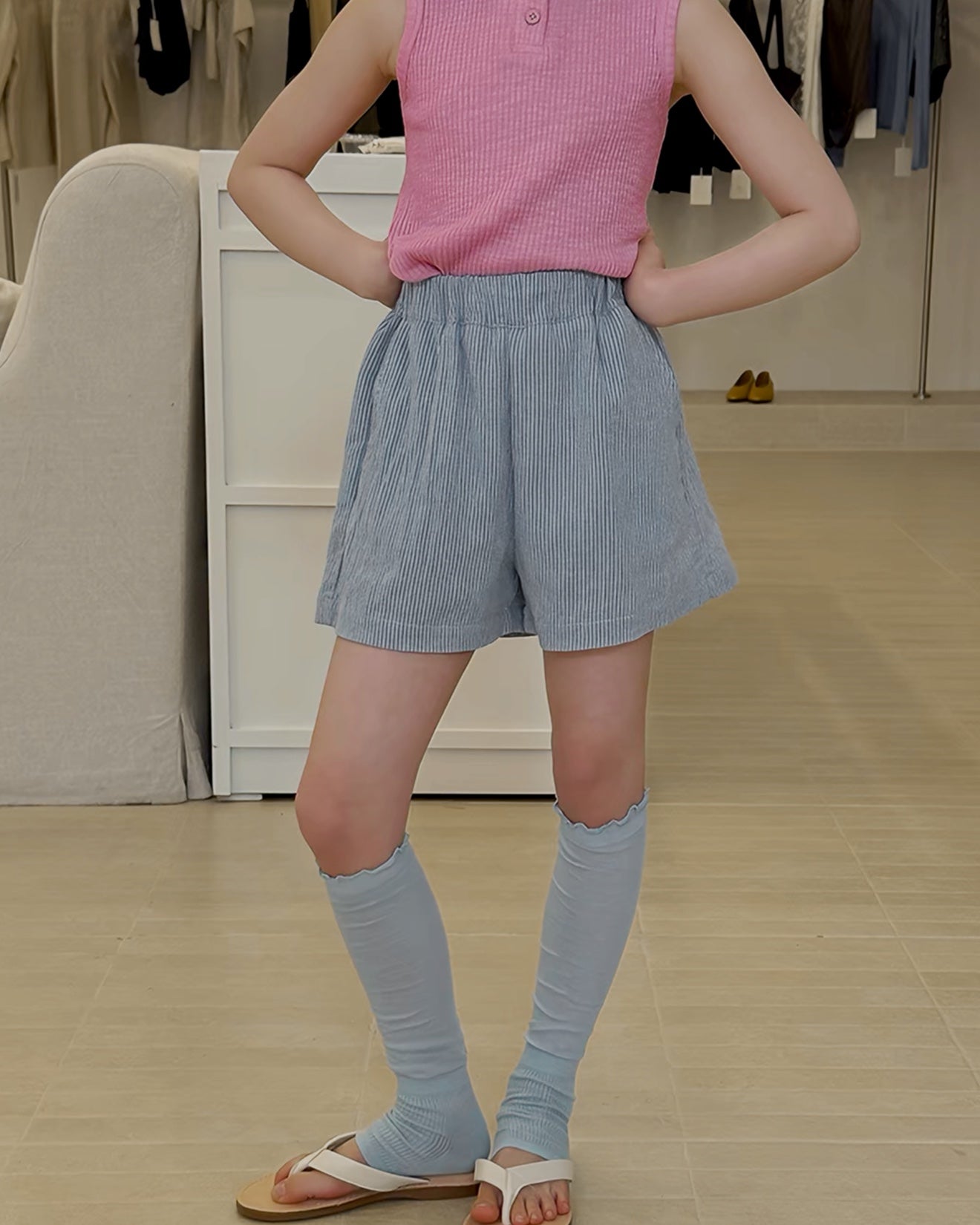 親子お揃い ブルーストライプ ワイドショートパンツ｜110-160cm