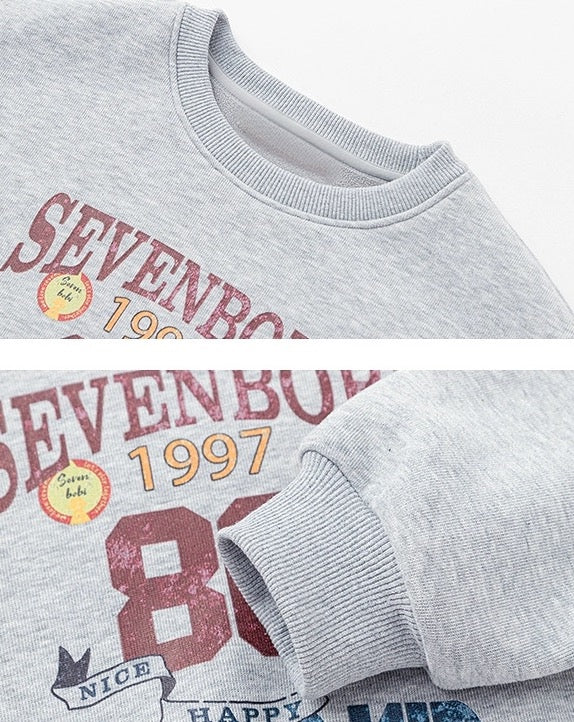 【100-160cm】カレッジ風プリント 裏ボアスウェットプルオーバー