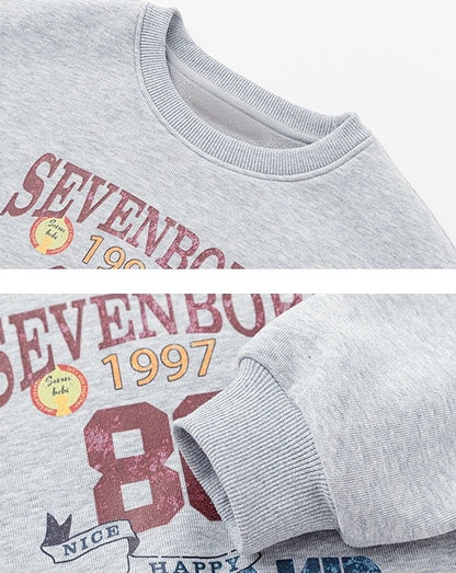 【100-160cm】カレッジ風プリント 裏ボアスウェットプルオーバー