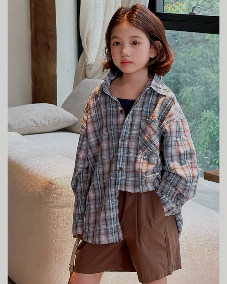 【110-160cm】親子お揃い チェック柄 オーバーサイズ シャツ