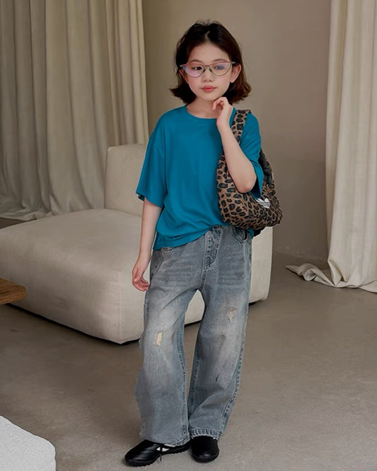 [Family] No. 7 Children's Warehouse Girl Retro Wash Jeans Spring New Western Style Ripped Wide-Leg Pants Trendy