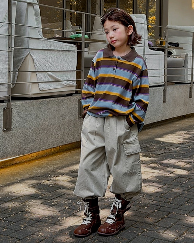 親子お揃い マルチボーダー ポロカラー長袖Tシャツ｜120-160cm