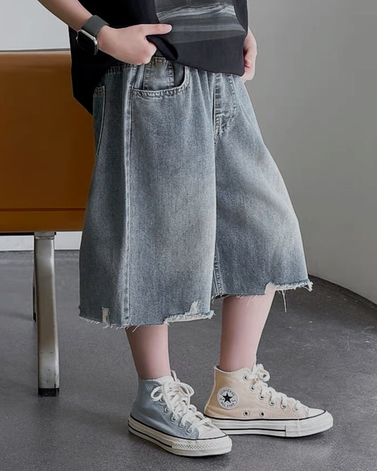 カットオフ ワイドデニムハーフパンツ｜110-160cm